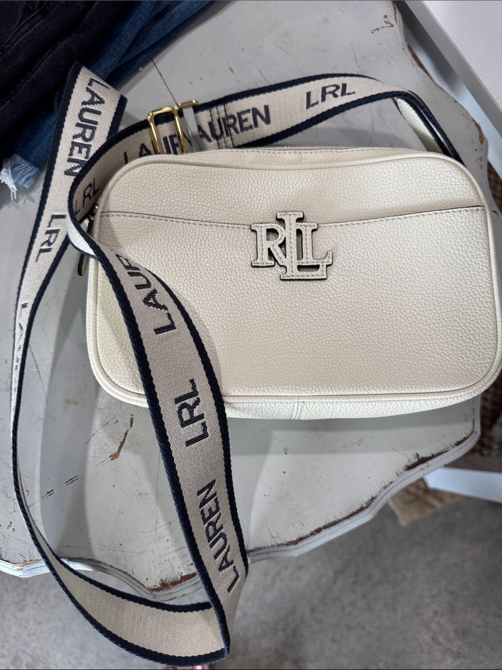 Lauren Ralph Lauren Cream Pebbled Crossbody with Branded LRL Strap